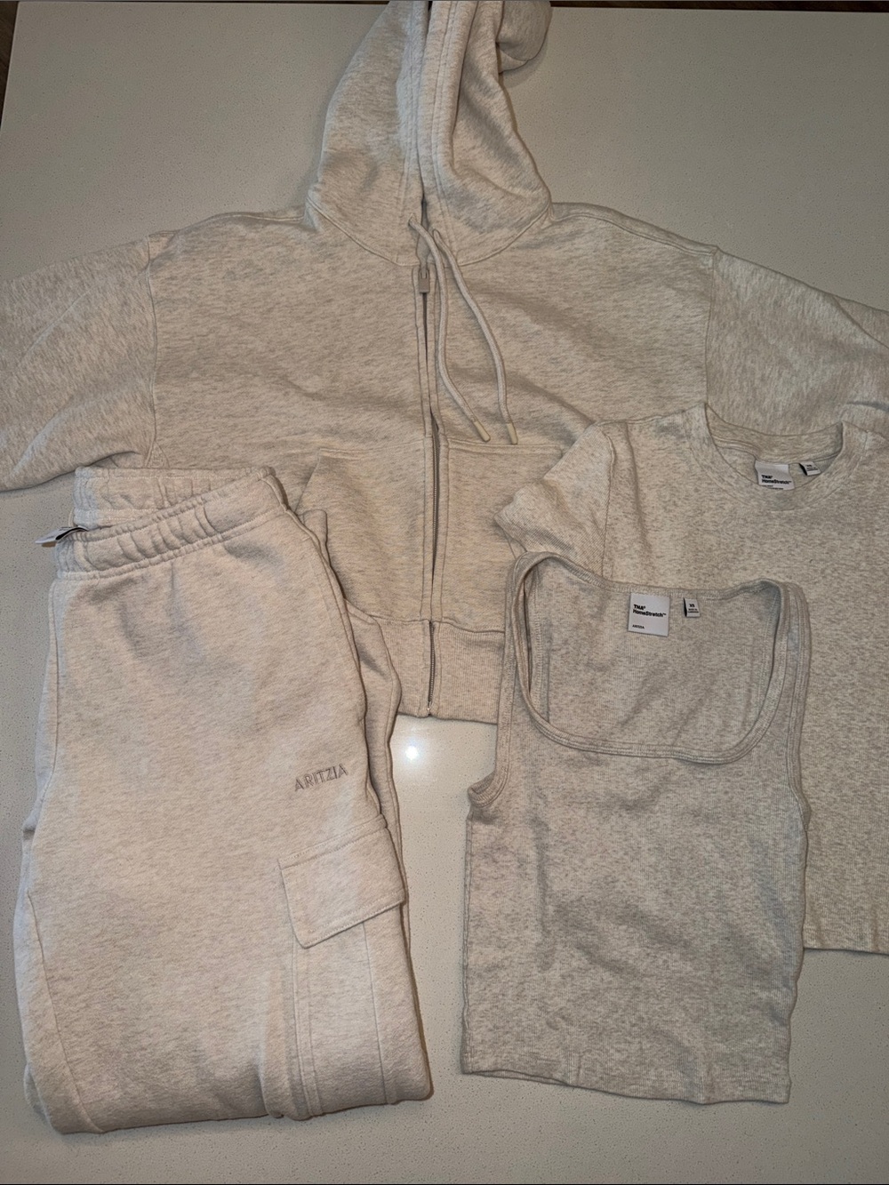 Aritzia 4 set Heather Light Oatmeal/Beige Hoodie, Tank, Tee & Cargo Sweats